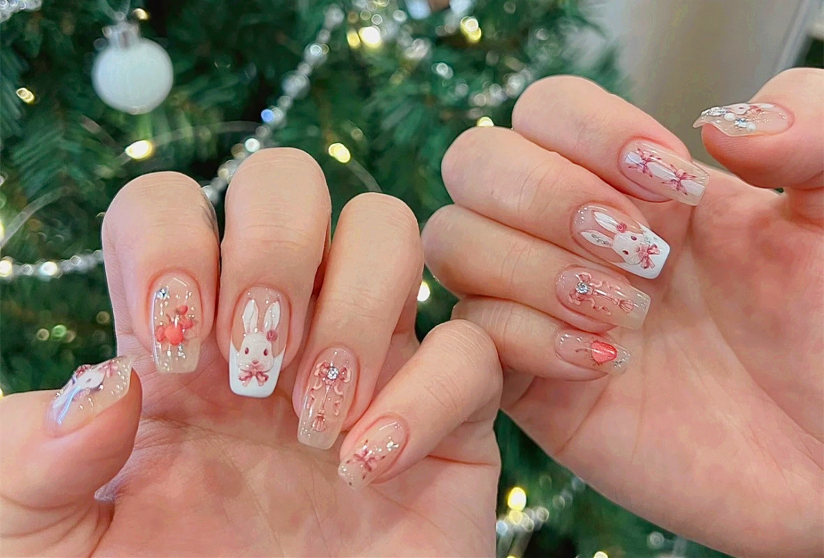 兔子新年美甲，廣西美甲造型學(xué)校將氛圍狠狠抓住了