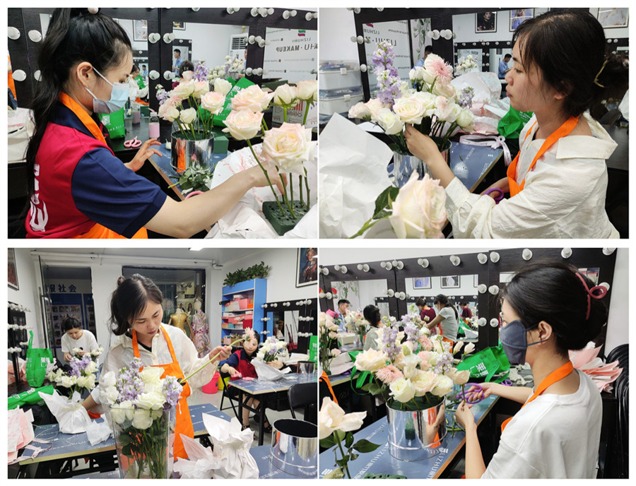 白玫瑰抱抱桶練習，廣西婚慶花藝設計培訓課堂