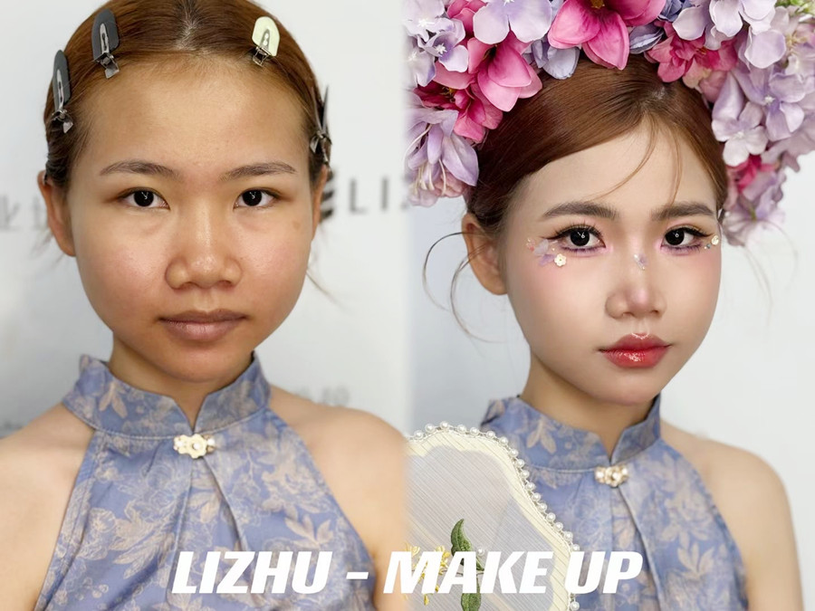 簪花造型課堂實況，廣西美妝課堂作品欣賞