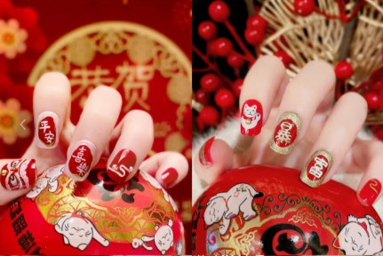 紅色喜慶卡通美甲，廣西美甲師學(xué)校整理