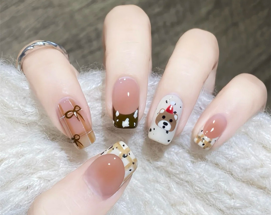 格紋小熊美甲教程，南寧市學美甲