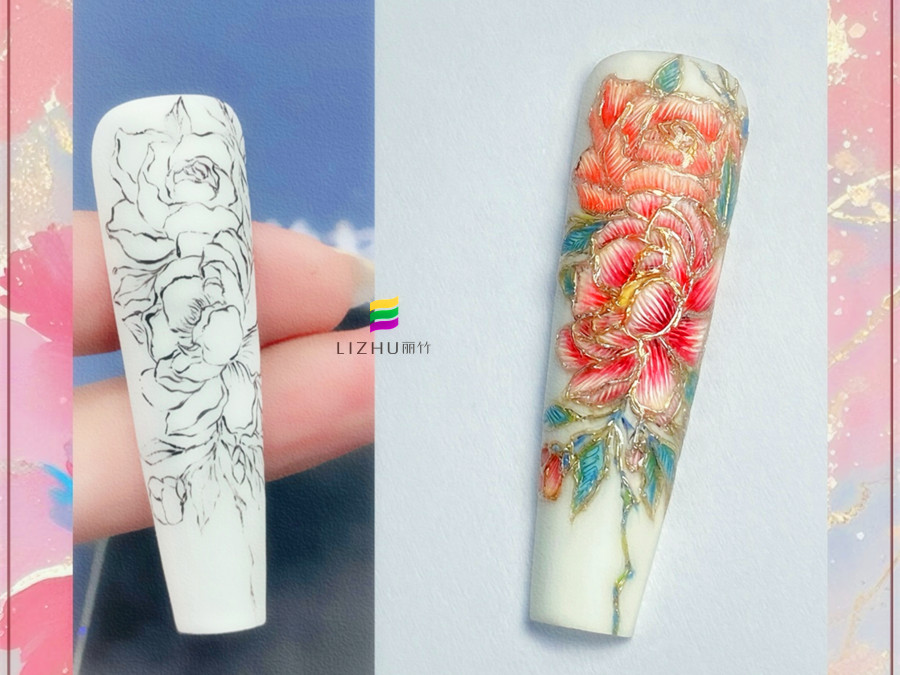 國(guó)風(fēng)刺繡牡丹美甲，廣西美甲設(shè)計(jì)學(xué)校作品