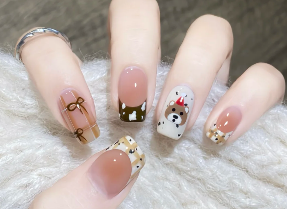 格紋手繪小熊美甲教程，南寧美甲教學(xué)分享